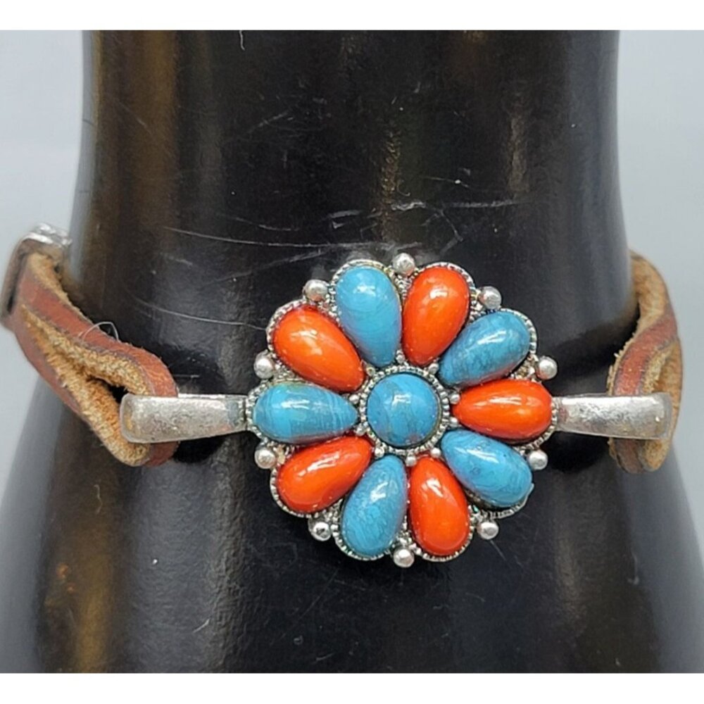 Faux Coral Turquoise Flower Bracelet Silver Tone 6.5" Leather Cord Toggle Close